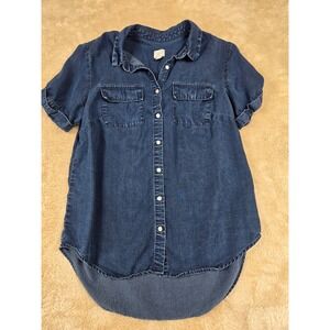 A New Day Denim Chambray Shirt Blue Short Sleeve Collared Button Up Top Medium